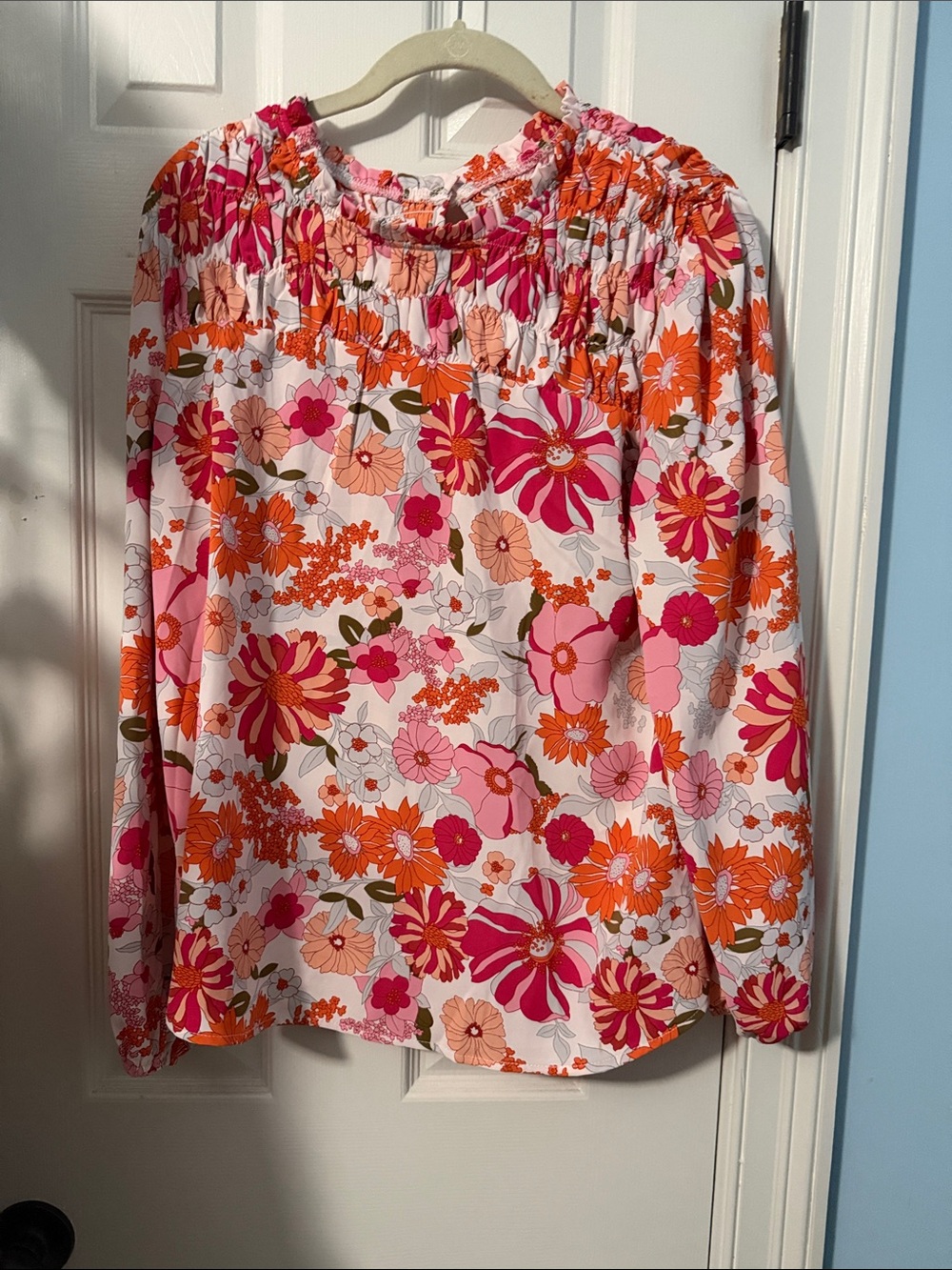 Floral Smocked Neck Blouse in Pink & Orange